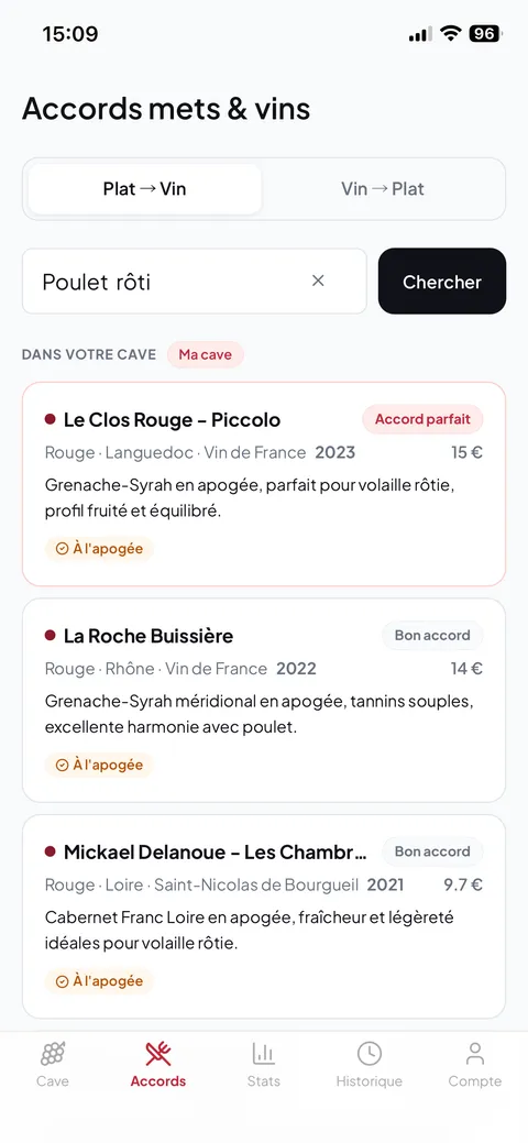 Accords mets-vins — Vinapp mobile